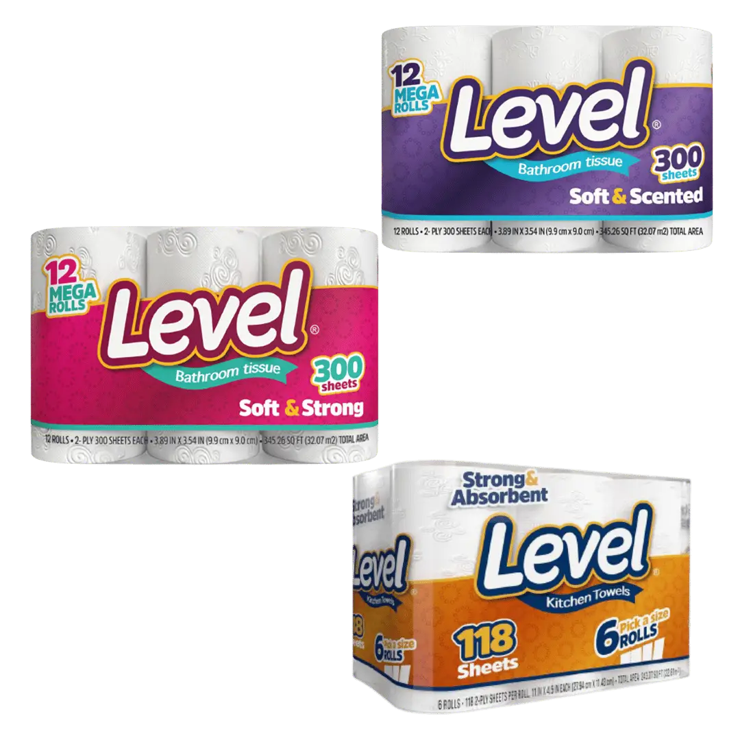 Papel Higienico Level de 12 o Toallas de Papel de 6 $3.49 c/u