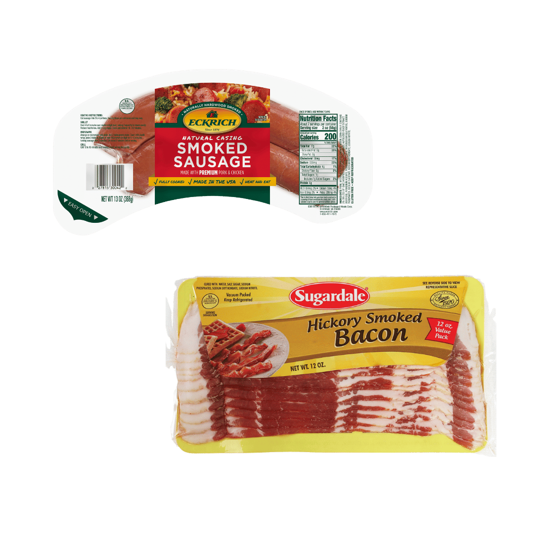 Tocino Sugardale de 12 oz o Salchichas Eckrich de 13-14 oz. $2.99 c/u