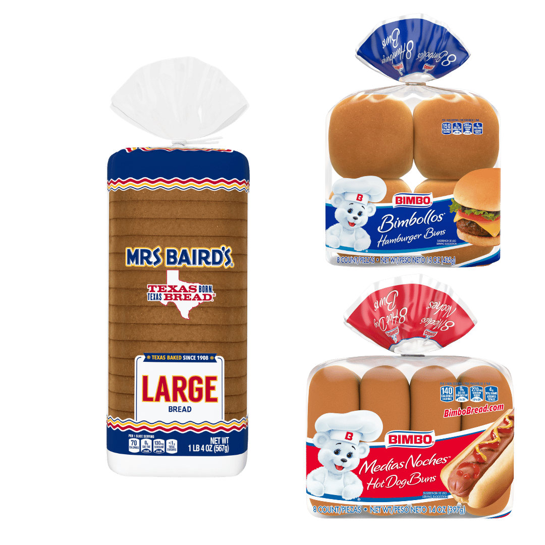 Mrs Baird's Large Bread, 20 oz o Bimbo Hamburger or Hot Dog Buns, 8 ct $2.39 ea