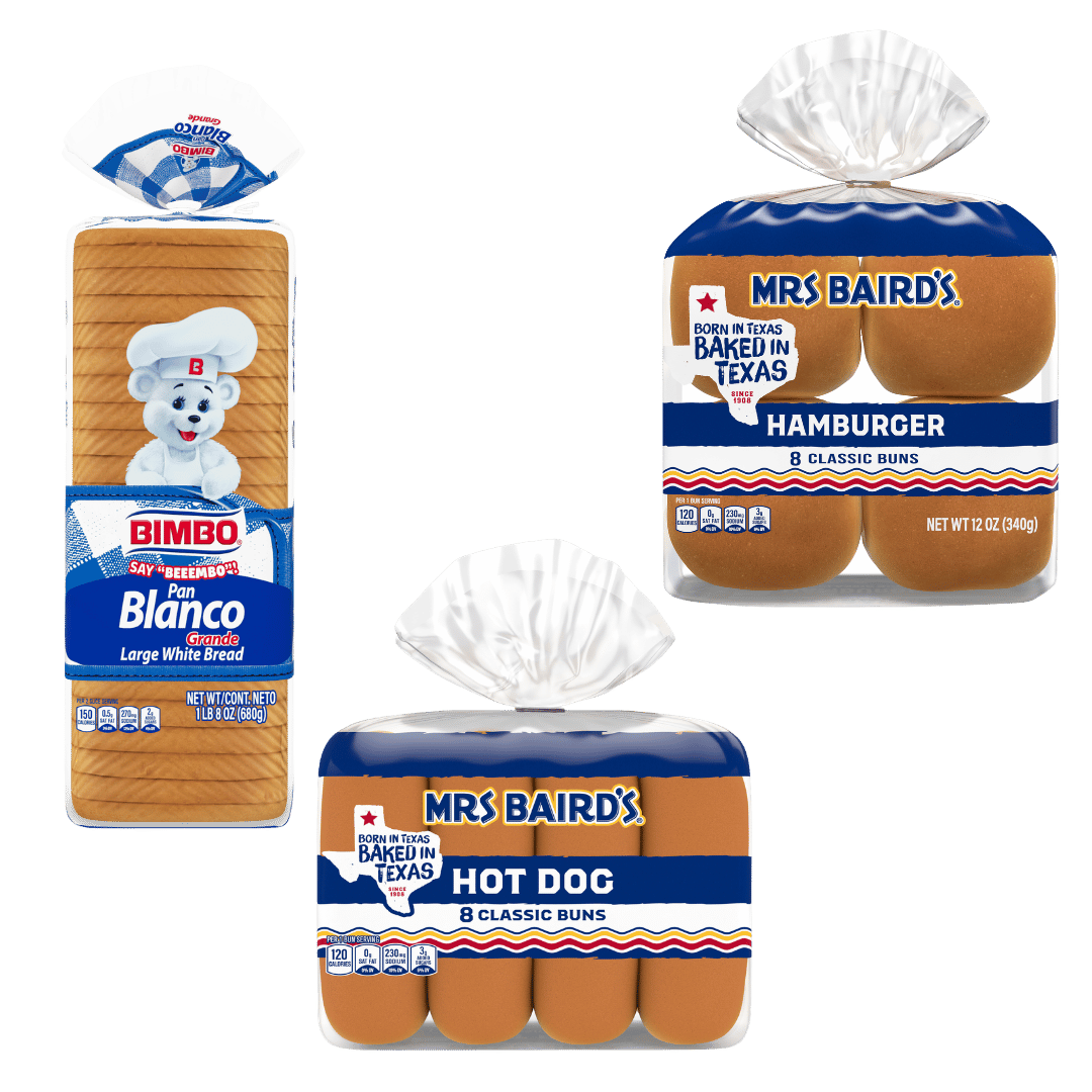 Bimbo White Bread, 24 oz. or Mrs Bairds Classic Hamburger or Hot Dog Buns, 8 ct. $2.77 ea