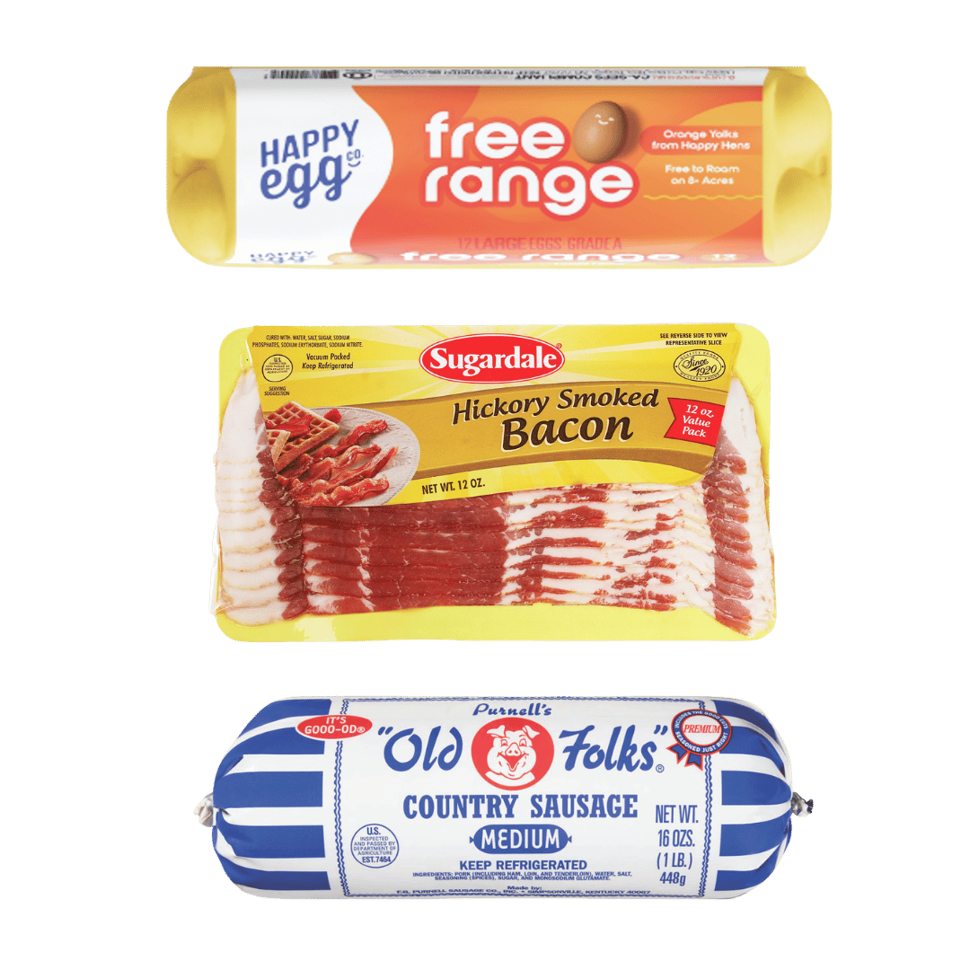 Sugardale Hickory Smoked Bacon, 12 oz., Happy Egg Free Range Large Eggs, 12 ct or Purnell's Country Sausage, 16 oz. $3.49 ea