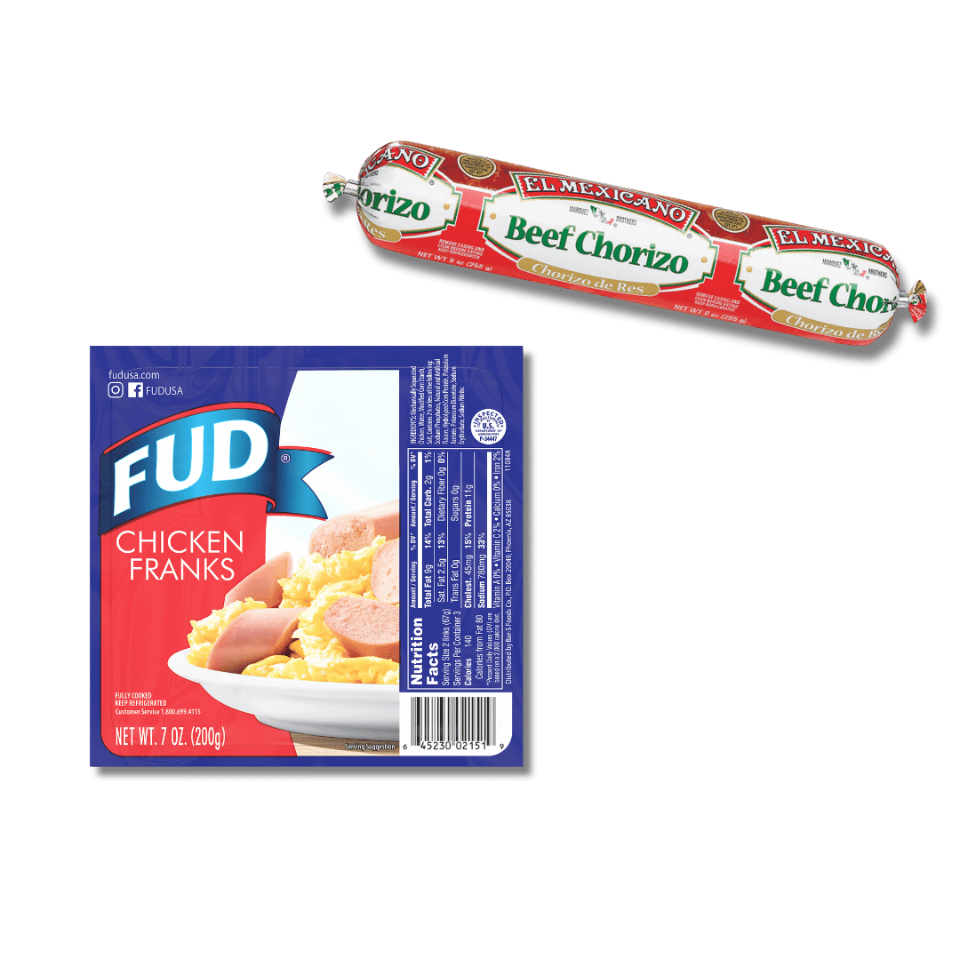 FUD Franks, 7 oz or El Mexicano Chorizo, 9 oz. 87¢ ea